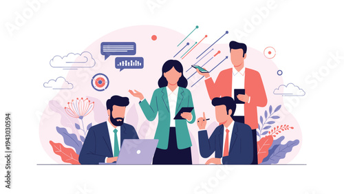 Business team collaborates in a creative brainstorming session with colorful abstract shapes and data symbols in the background.