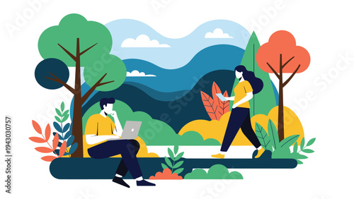 Man works on his laptop while a woman walks nearby in a colorful stylized landscape featuring hills, trees, and clouds.