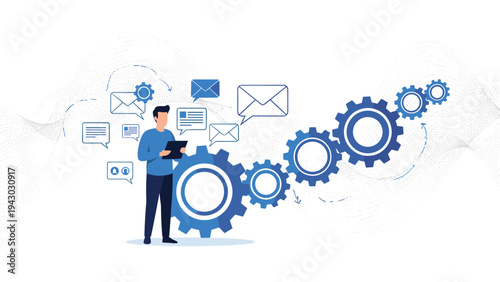 Professional man using a digital tablet stands next to a large gear assembly surrounded by various email and communication icons.