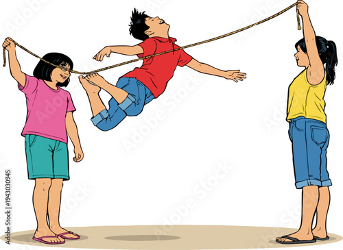 Children playing traditional rubber jump rope game