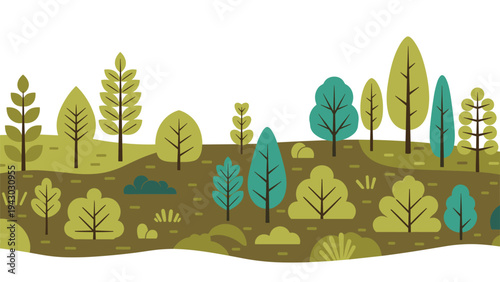 Minimalist forest landscape features various types of stylized green trees and bushes arranged on a grassy horizontal band.
