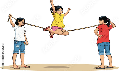 Children playing traditional rubber jump rope game (2)