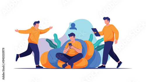 Group of young people is absorbed in their smartphones and digital tablets while sitting or walking in a stylized setting.