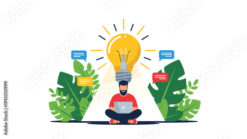 Man working on his laptop has a giant shining lightbulb over his head representing a great idea or sudden inspiration.