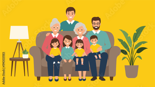 Large happy family representing three generations sitting together on a comfortable sofa against a bright yellow background for unity.