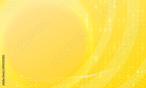 Abstract bright yellow background with digital binary code 0, 1 stream, flowing data dots, and dynamic light effects, perfect for modern tech and business presentations.