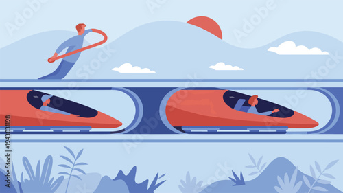 Two red trains travel through tunnels with a person on a red rope above transportation speed