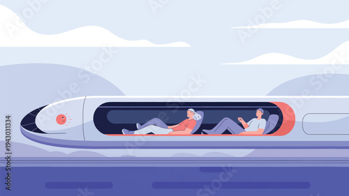 Two people relax inside a futuristic train car with a worried face on the front travel