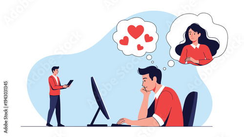 Romantic man at a computer thinking about a woman with hearts in a thought bubble representing online dating and long distance love.