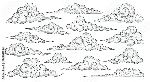 Hand Drawn Traditional Asian Swirl Clouds Collection Illustration isolated PNG with Transparent Background