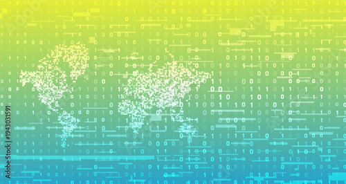 Global digital world map with data points and binary code background, illustrating international connectivity, technology, and information networks across continents.