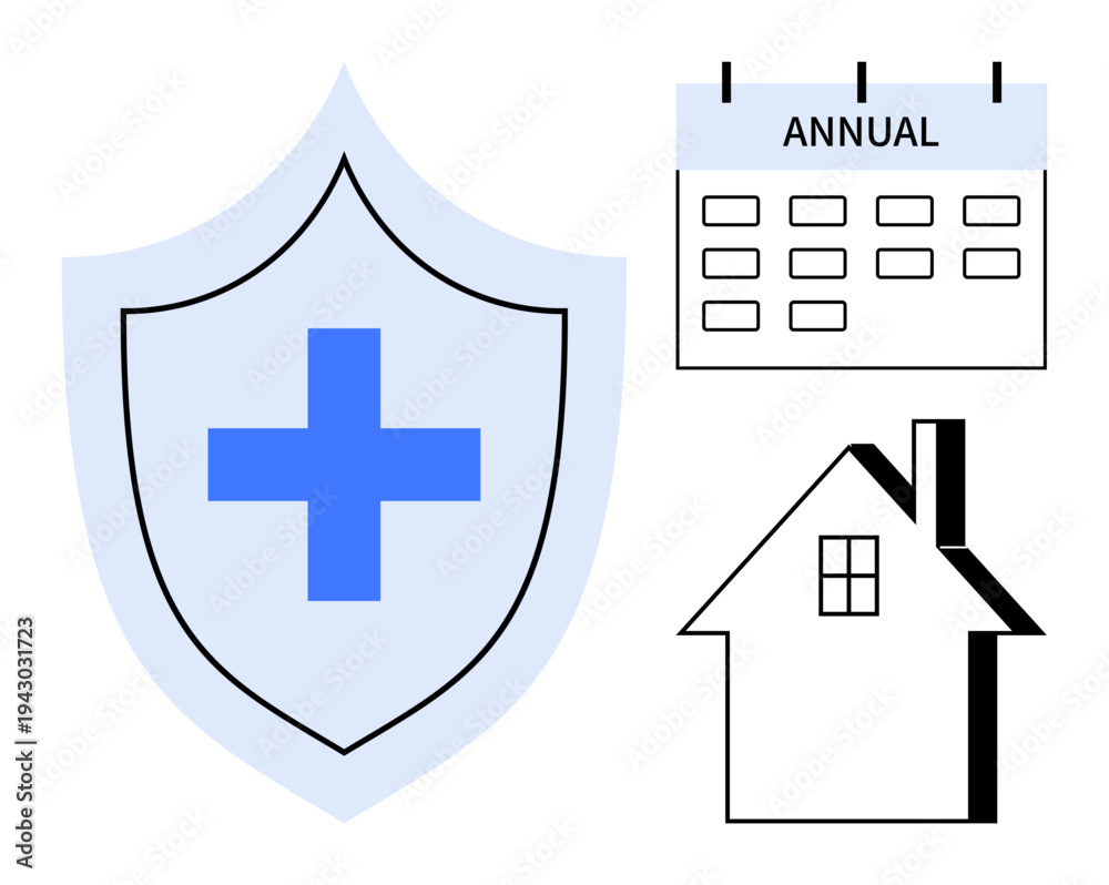 Obraz premium Health insurance, home coverage, financial protection, risk management, planning, medical coverage. Shield with cross, calendar labeled annual and house symbol. Health insurance and home coverage