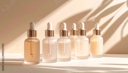 Collection of Serum Pipette Bottles with Color Gradation Under Leaf Shadows and Aesthetic Sunlight on a Cream Background.