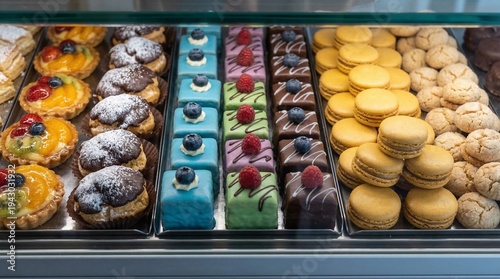 Obraz na plátne Assorted colorful pastries and desserts on display in a bakery case including ma