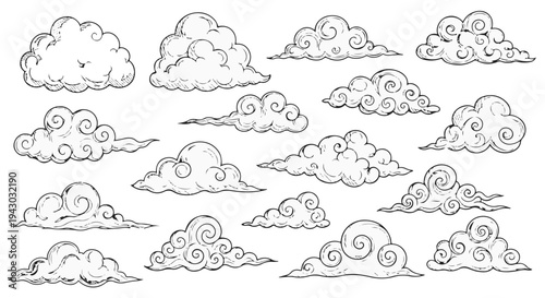 Hand Drawn Clouds Collection. Isolated Sketch Fluffy and Oriental Japanese Style Clouds Vector Illustration. isolated PNG with Transparent Background