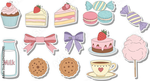 Colorful sweet treats stickers in flat illustration style with bright vibrant lighting on white background for kids party decoration