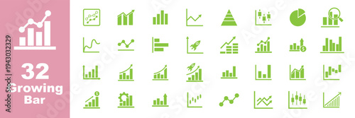 Business Growth Chart Icon Set. Business growth bar chart and upward arrow icon set representing financial success, economic recovery, profit increase, market data analysis, and corporate progress