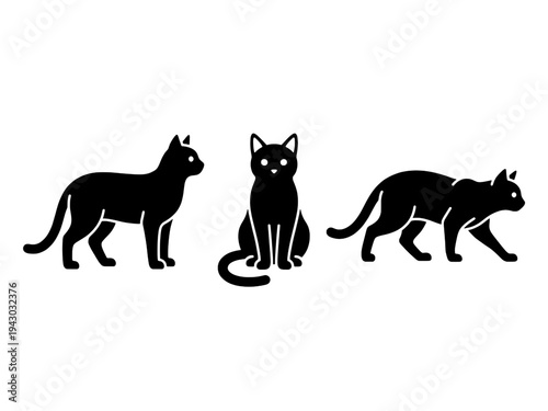 Domestic cat silhouette set in standing sitting and stalking poses black vector icons isolated on transparent background.