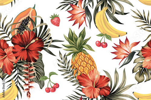 Banana, cherry, pineapple, papaya fruit, hibiscus flower, palm leaves seamless pattern. Summer tropical exotic print.