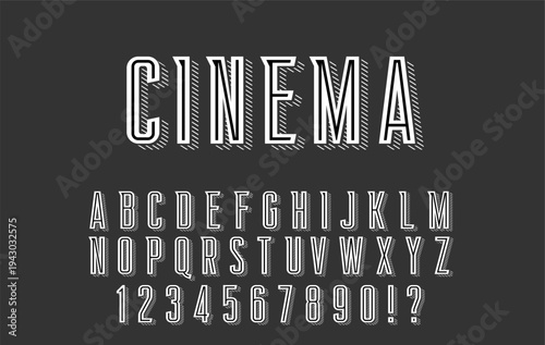 Cinema Vintage Font - White Inline Striped Alphabet with 3D Shadow Effect on Dark Background