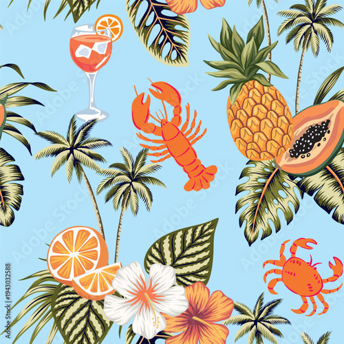 Orange, pineapple, papaya fruit, hibiscus flower, lobster, crab, palm leaves seamless pattern. Summer tropical exotic print.	