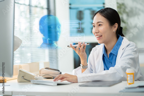 Asian female doctor using a smartphone in a hospital,interacting with a virtual assistant or AI chatbot.doctor reviews health data via ai agent,smart mirror technology,future technology