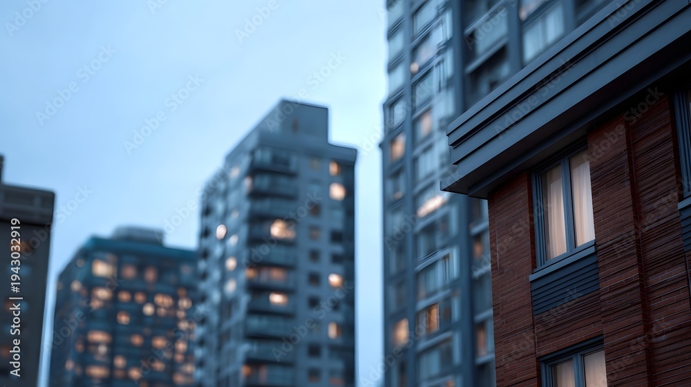 Obraz premium Modern residential buildings glow with interior lights at dusk viewed from a low angle