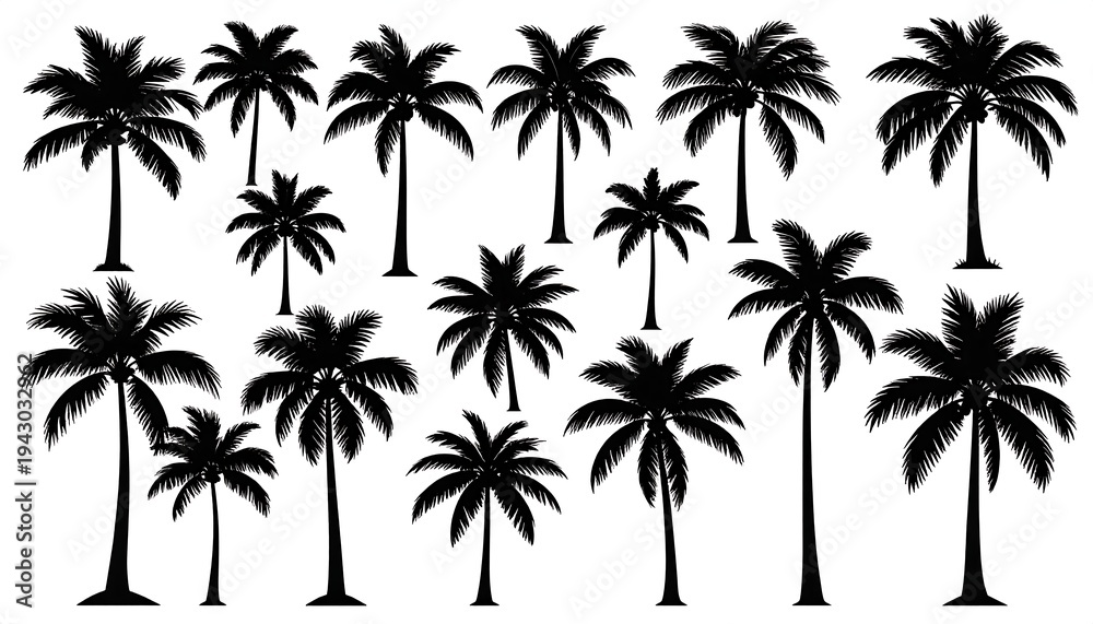 Obraz premium Black silhouettes of various sized palm trees, with different heights and crown shapes, set on a white background