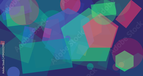 Abstract image featuring an assortment of colorful translucent geometric shapes floating on a dark purple background