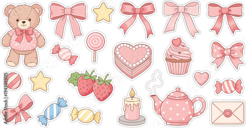 Whimsical Valentines Day stickers with pastel pink and red candies and treats in sweet festive lighting for party decoration