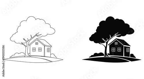 minimalist tree and house logo, black and white modern emblem design simple vector icon for real estate branding, nature inspired projects, eco friendly businesses, and graphic design assets.