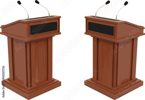 Wooden podium with microphones illustration debate lectern stage speech stand conference presentation vector isolated