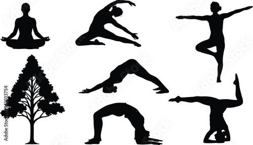 Yoga pose silhouettes set with meditation balance stretch fitness exercise tree pose wellness vector illustration collection