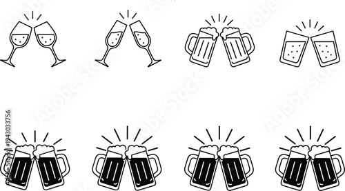 Cheers drink icons set with beer mugs wine glasses toast celebration alcohol party beverage line vector collection