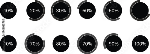 Circular progress bar set, percentage loading indicators dashboard UI elements analytics data visualization black flat vector illustration