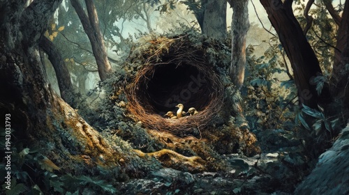 Enchanted forest nest.  Birds resting in a large, intricate nest nestled deep within a mystical forest.  Lush, overgrown, and mysterious