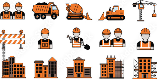 Construction industry icons set with workers crane excavator cement truck buildings barrier equipment vector illustration collection