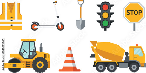 Construction road work icons set with safety vest scooter shovel traffic light stop sign truck cone vector