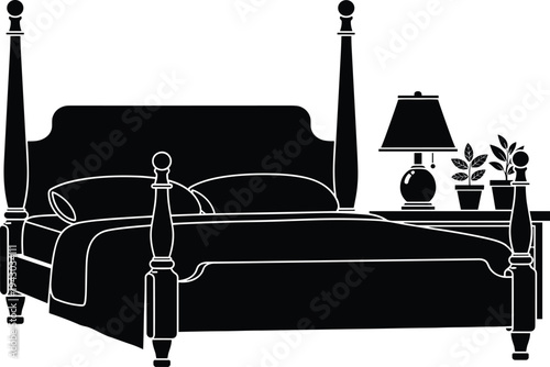 Classic bedroom bed silhouette with bedside table lamp and plant furniture interior home decor black white vector illustration