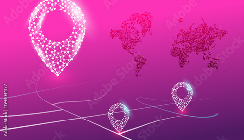A vibrant pink and purple background features glowing polygonal location pins and faint world maps, illustrating global connections, navigation, and digital technology.