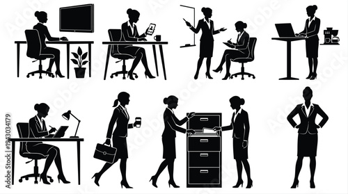 Silhouette set of professional businesswoman and office secretary in various corporate work scenarios, including meetings, computer work, and filing.