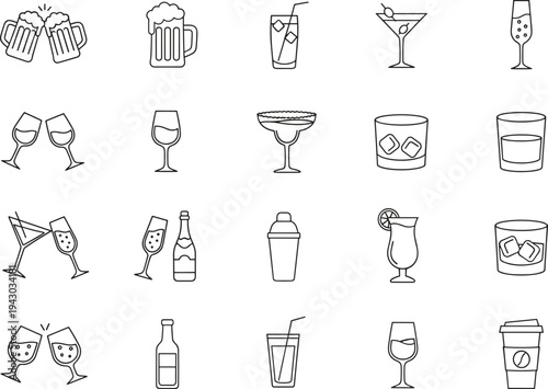 Drink and cocktail icons set, beer wine martini champagne whiskey beverage line symbols collection for bar menu vector