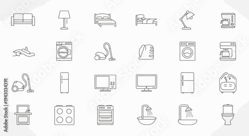Home Appliances and Furniture Icons Vector Illustration Set, Clean Line Art Style for Web and App Design