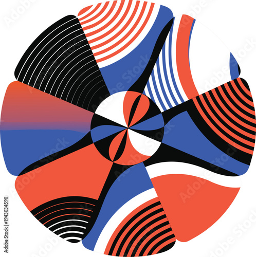 Vibrant Abstract Radial Pattern with Striped Geometric Segments in Blue, Red, and Black