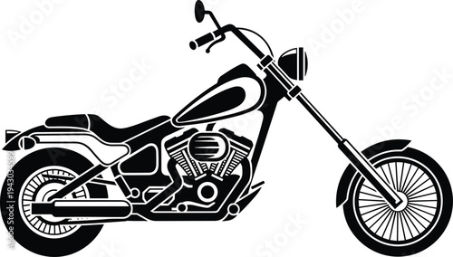 Classic chopper motorcycle silhouette, vintage cruiser bike side view, detailed motorbike design, transport vehicle icon isolated, flat vector illustration