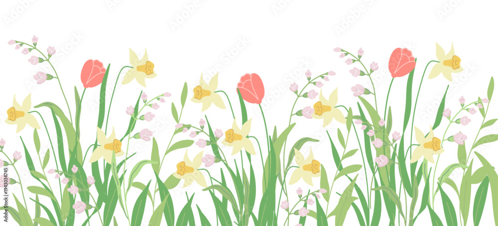 Obraz premium Spring horizontal border with a cute pattern of hand drawn blooming flowers. Floral botanical vector illustration for spring holidays, Mother's Day, Easter, Women's Day and birthdays