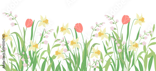 Spring horizontal border with a cute pattern of hand drawn blooming flowers. Floral botanical vector illustration for spring holidays, Mother's Day, Easter, Women's Day and birthdays