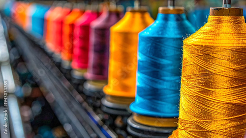 Spools of thread on embroidery machine in garment industry are organized