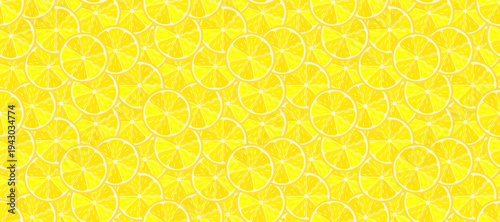 Seamless pattern with bright yellow lemon slices overlapping on vibrant citrus background. Vector illustration