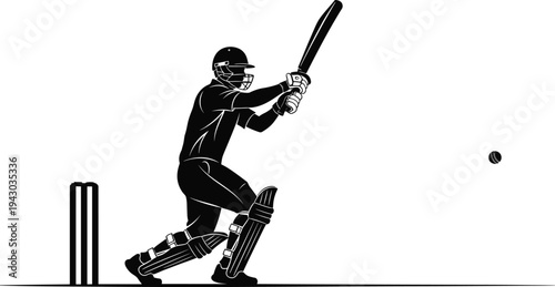 Cricket, batsman, silhouette, playing, defensive, shot, with, bat, ball, wicket, sports, action, athlete, cricketing, equipment, minimal, black, flat, vector, illustration